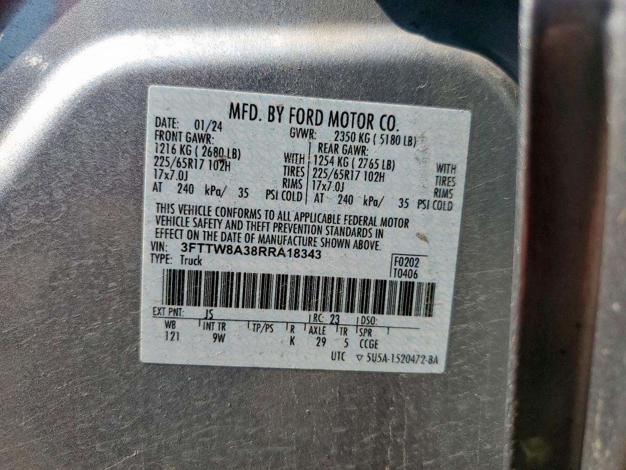 2024 Ford Maverick Xl VIN: 3FTTW8A38RRA18343 Lot: 80511825