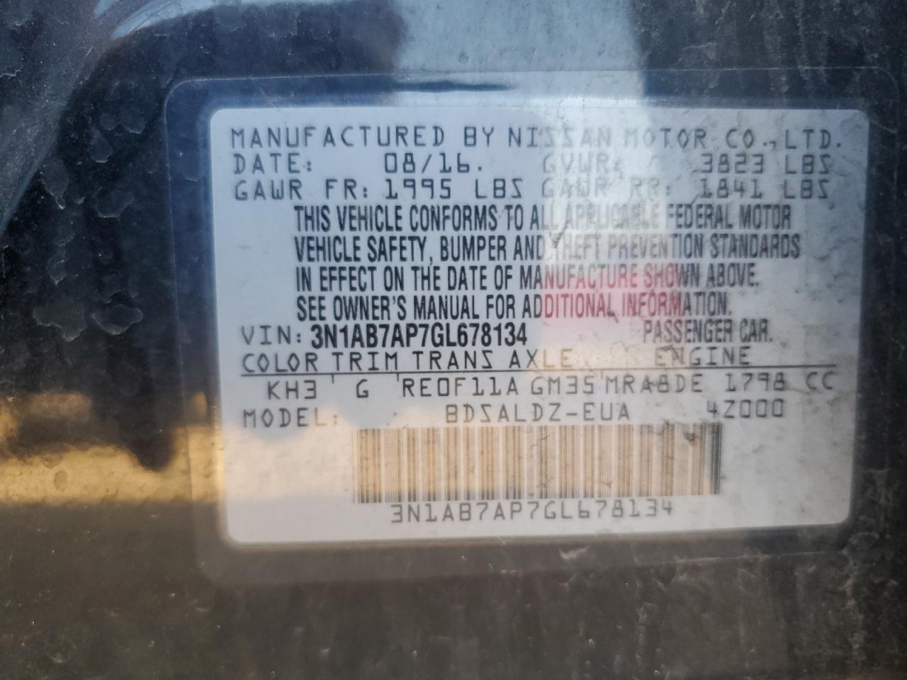 2016 Nissan Sentra S VIN: 3N1AB7AP7GL678134 Lot: 80988075