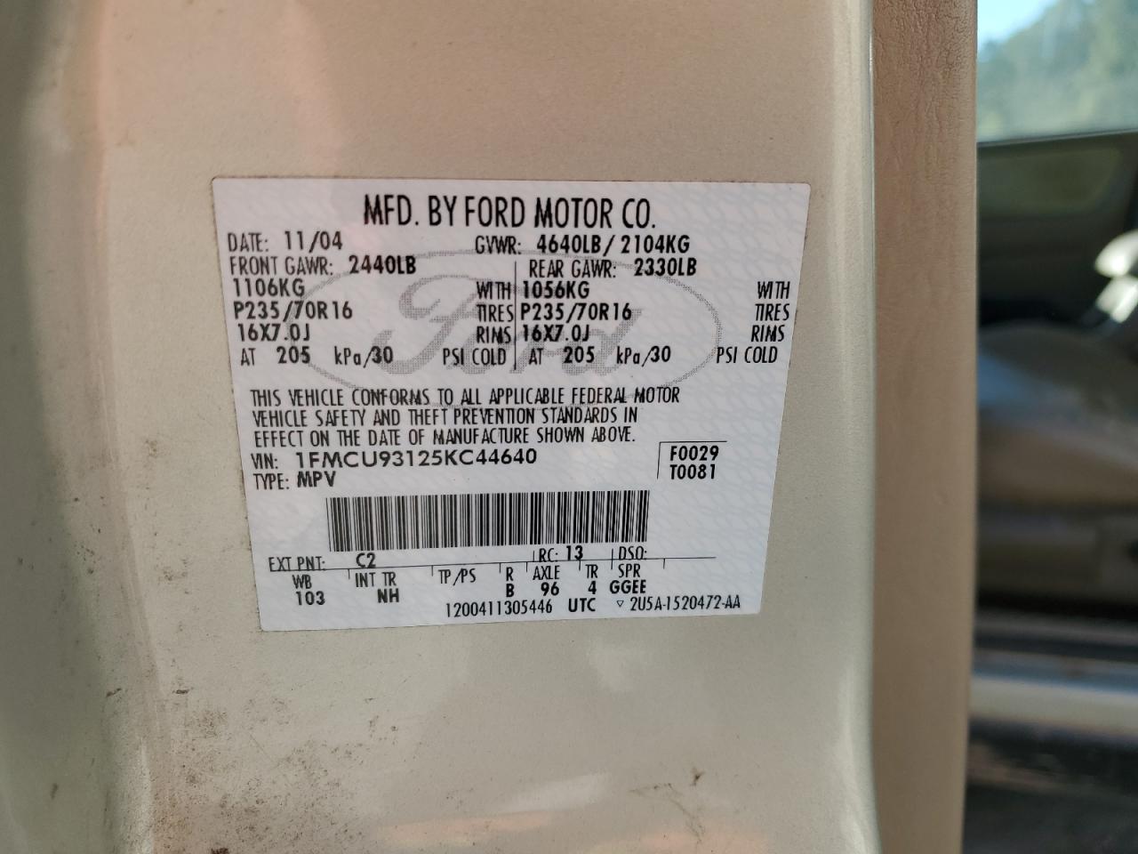 2005 Ford Escape Xlt VIN: 1FMCU93125KC44640 Lot: 70319215