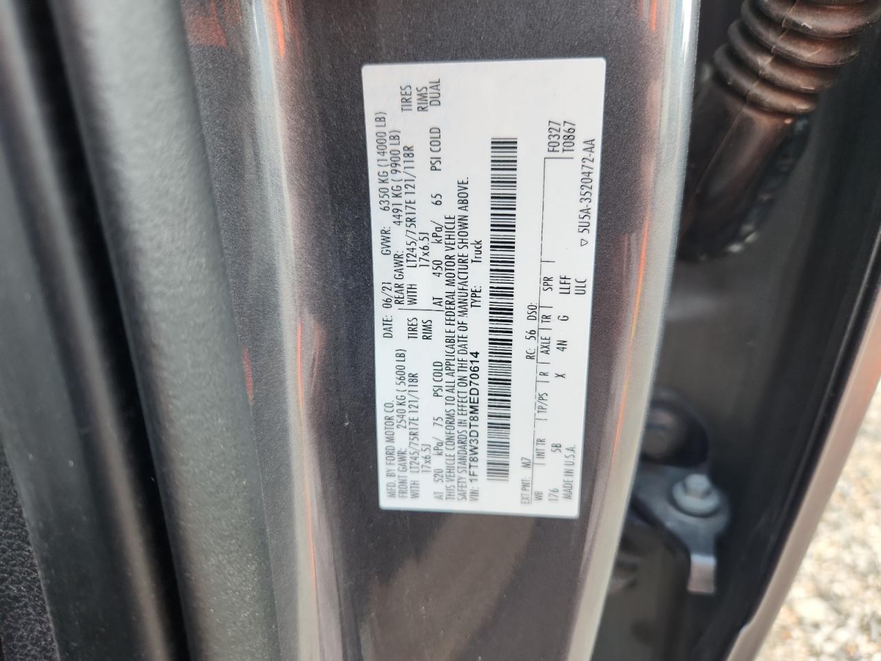 2021 Ford F350 Super Duty VIN: 1FT8W3DT8MED70614 Lot: 80265845