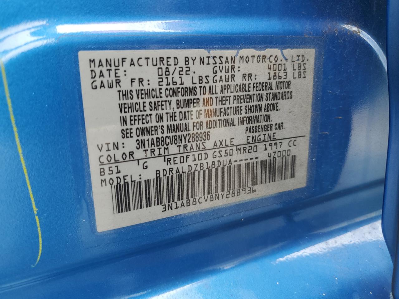 2022 Nissan Sentra Sv VIN: 3N1AB8CV8NY288936 Lot: 81466985