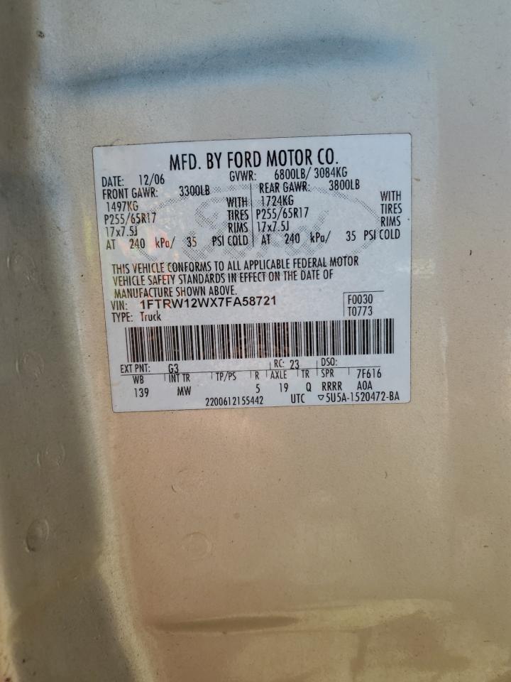 2007 Ford F150 Supercrew VIN: 1FTRW12WX7FA58721 Lot: 81303955