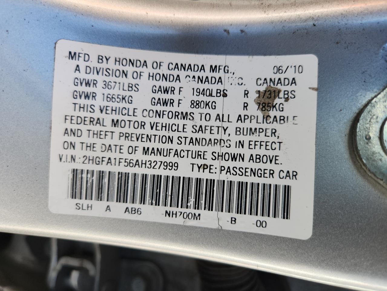 2010 Honda Civic Lx VIN: 2HGFA1F56AH327999 Lot: 80837385