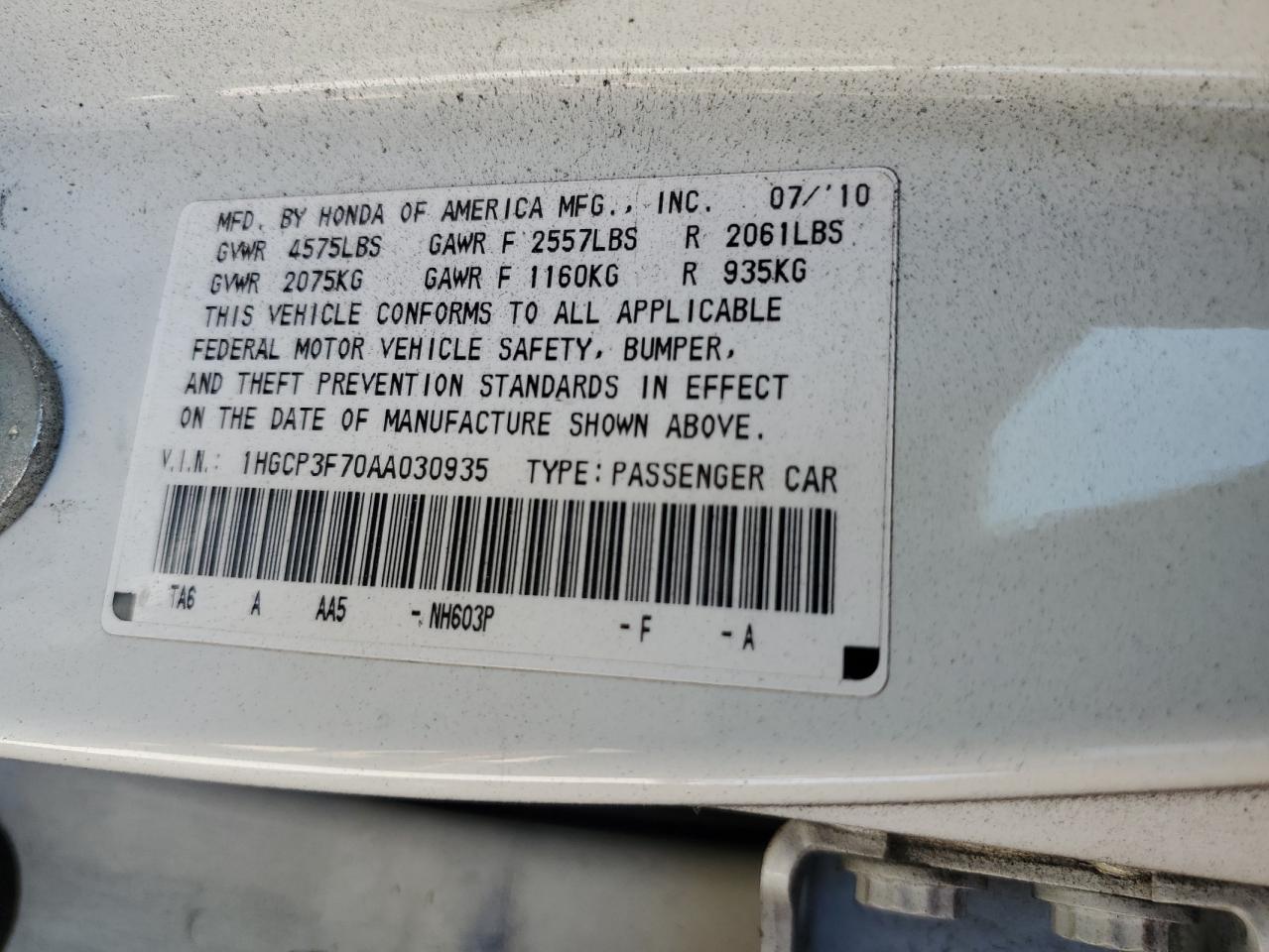 2010 Honda Accord Ex VIN: 1HGCP3F70AA030935 Lot: 80926705