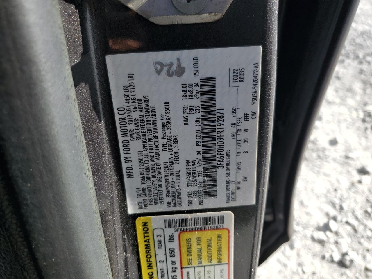 2015 Ford Fusion Se VIN: 3FA6P0HD9FR192871 Lot: 84624855