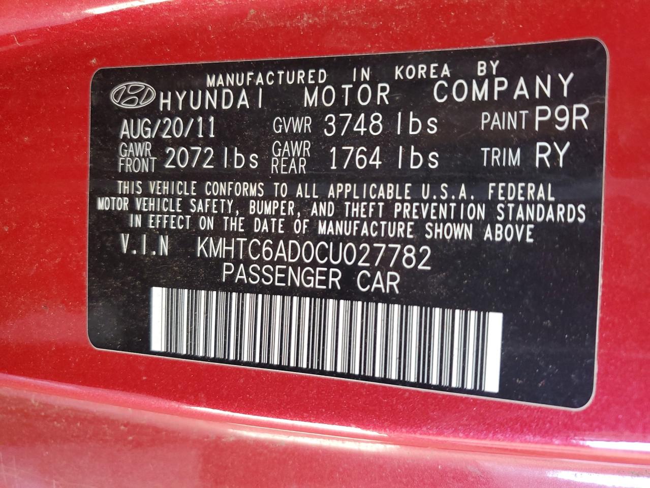 2012 Hyundai Veloster VIN: KMHTC6AD0CU027782 Lot: 81558205