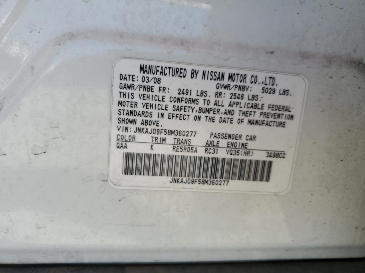 2008 Infiniti Ex35 Base VIN: JNKAJ09F58M360277 Lot: 71468645