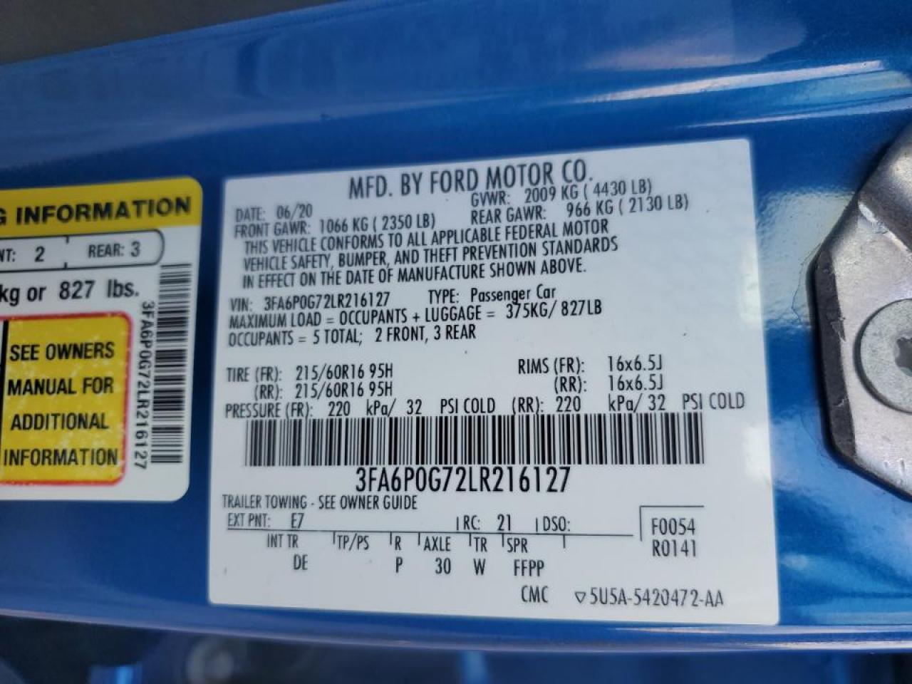 2020 Ford Fusion S VIN: 3FA6P0G72LR216127 Lot: 80945445