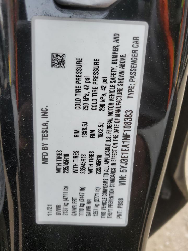 2022 Tesla Model 3 VIN: 5YJ3E1EA1NF108383 Lot: 81452705
