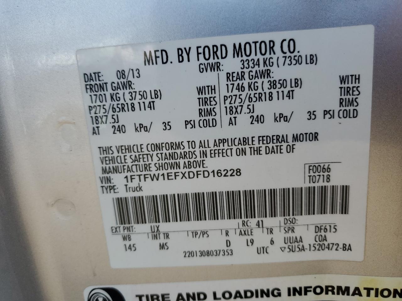 2013 Ford F150 Supercrew VIN: 1FTFW1EFXDFD16228 Lot: 81722055