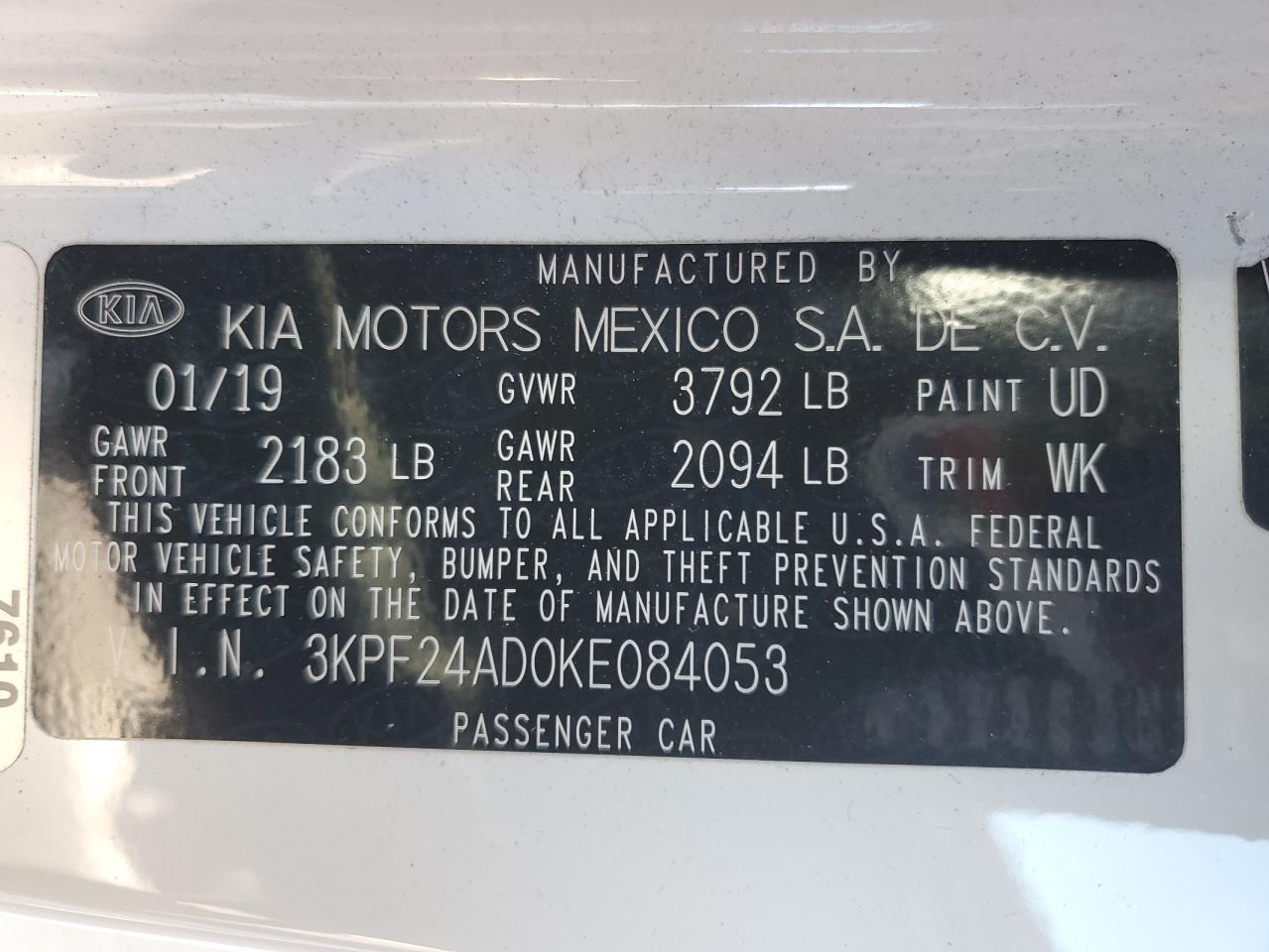 2019 Kia Forte Fe VIN: 3KPF24AD0KE084053 Lot: 83865925