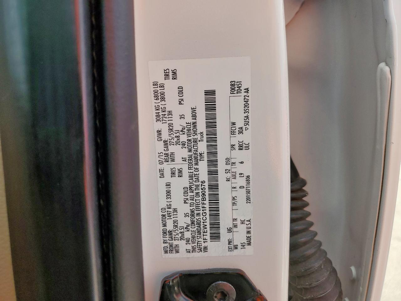 2015 Ford F150 Supercrew VIN: 1FTEW1CG1FFB90576 Lot: 70807685