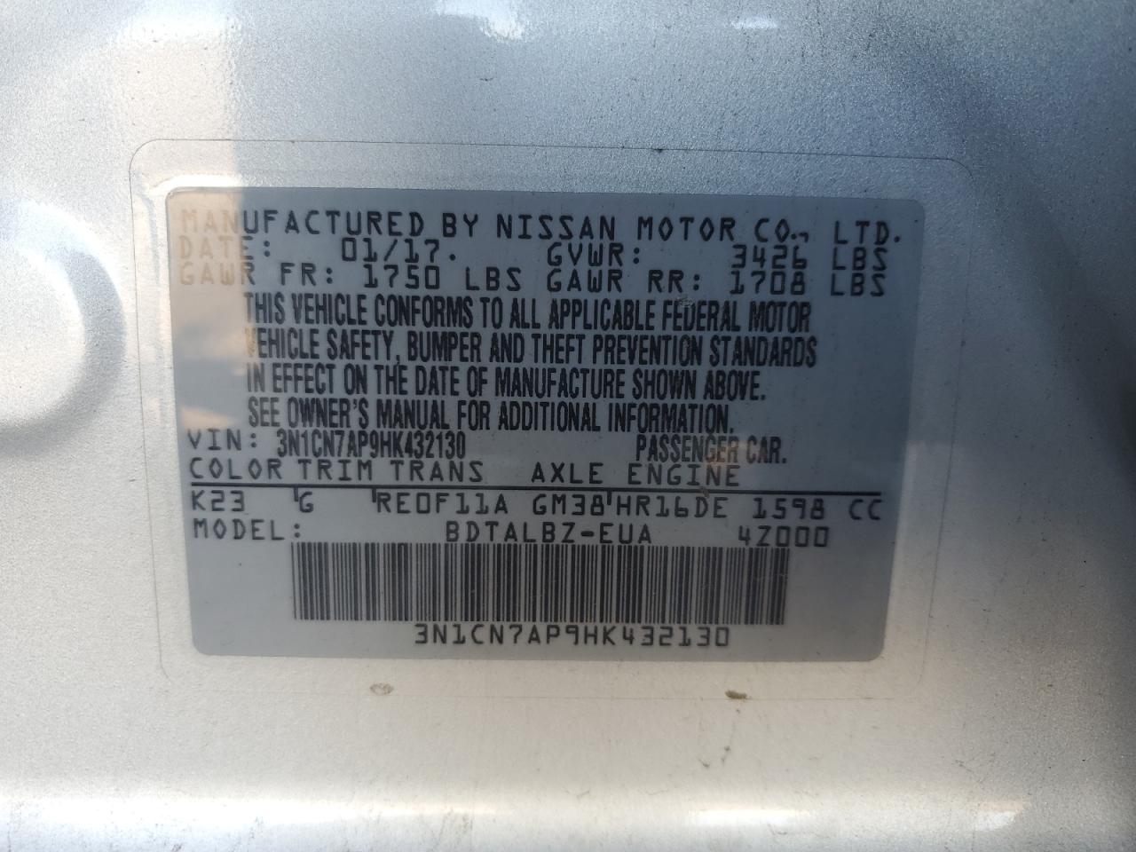 2017 Nissan Versa S VIN: 3N1CN7AP9HK432130 Lot: 81028635