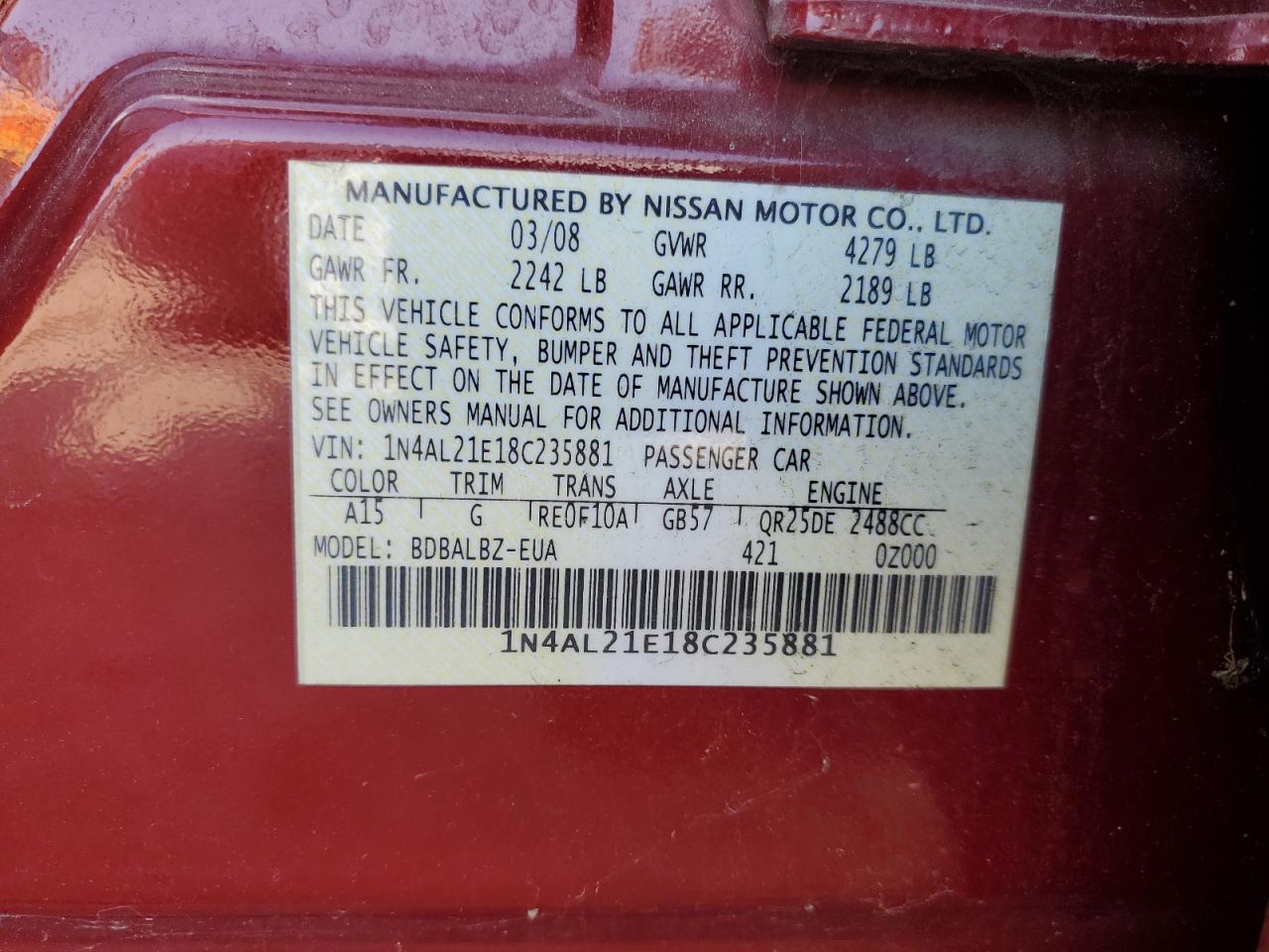 2008 Nissan Altima 2.5 VIN: 1N4AL21E18C235881 Lot: 81435535