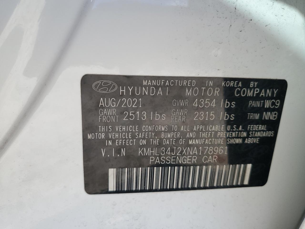 2022 Hyundai Sonata Limited VIN: KMHL34J2XNA178961 Lot: 84536555