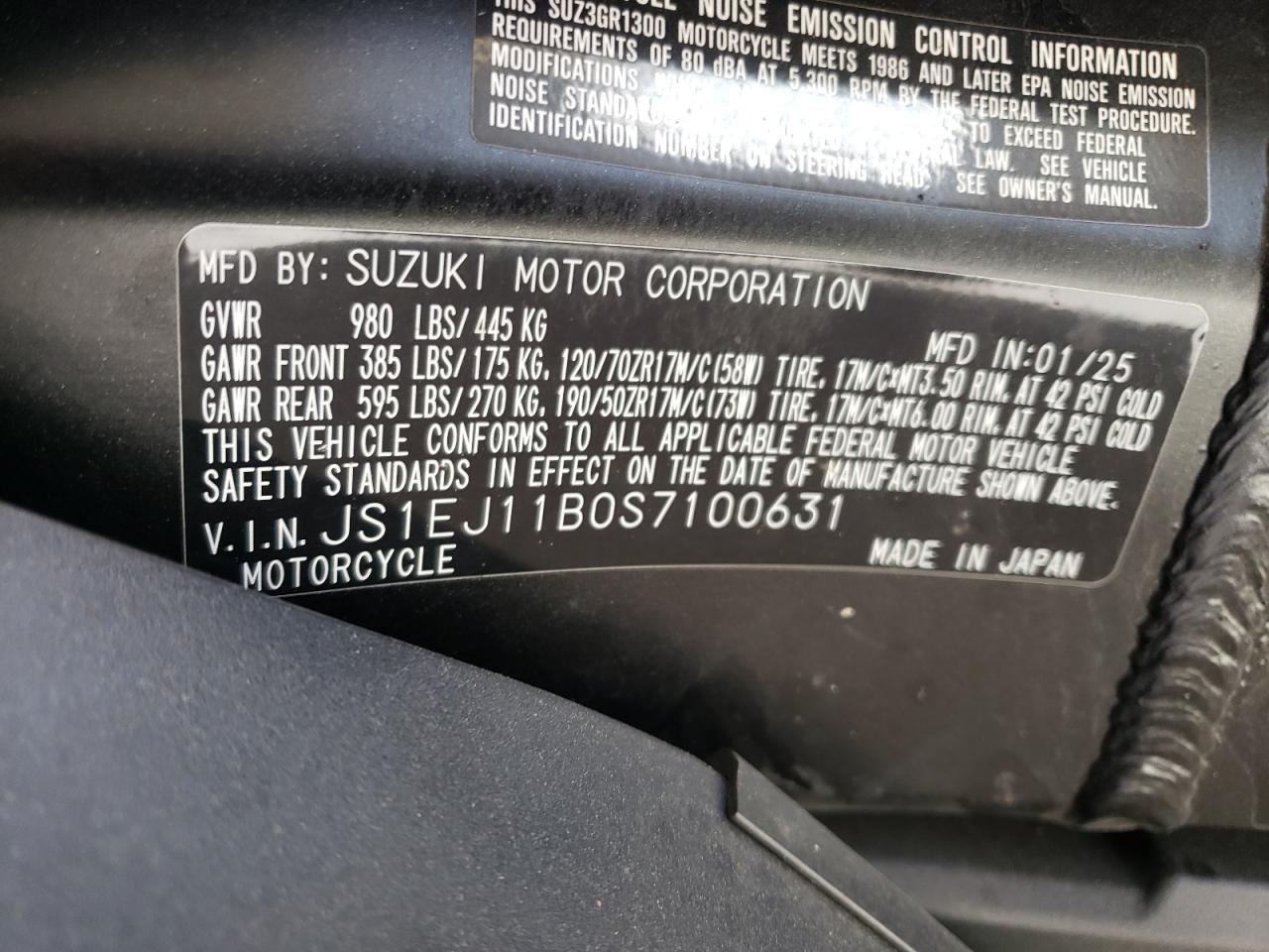 2025 Suzuki Gsx1300 Rr VIN: JS1EJ11B0S7100631 Lot: 81892335