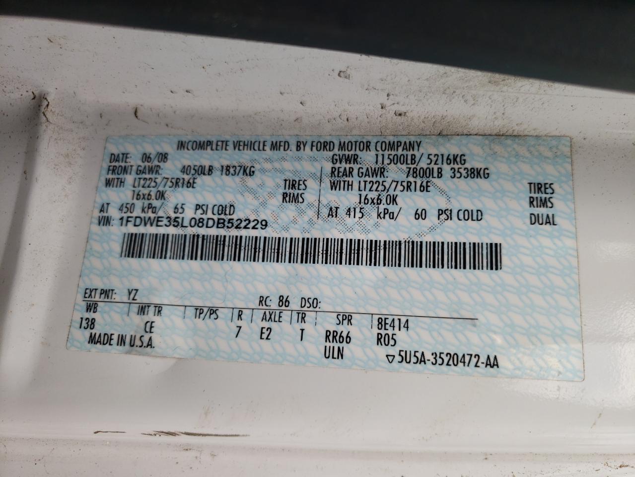 2008 Ford Econoline E350 Super Duty Cutaway Van VIN: 1FDWE35L08DB52229 Lot: 80764425