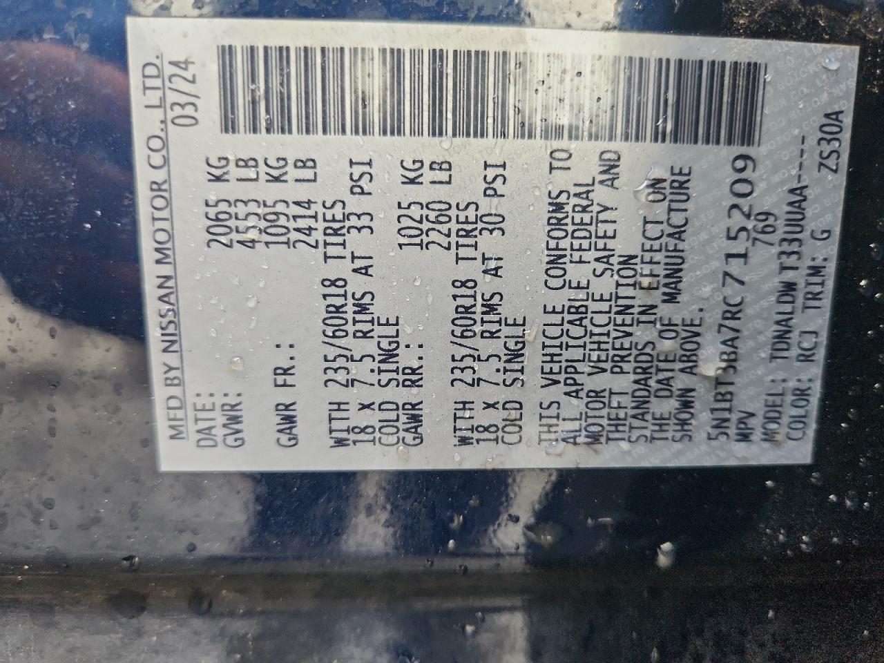 2024 Nissan Rogue Sv VIN: 5N1BT3BA7RC715209 Lot: 81764525