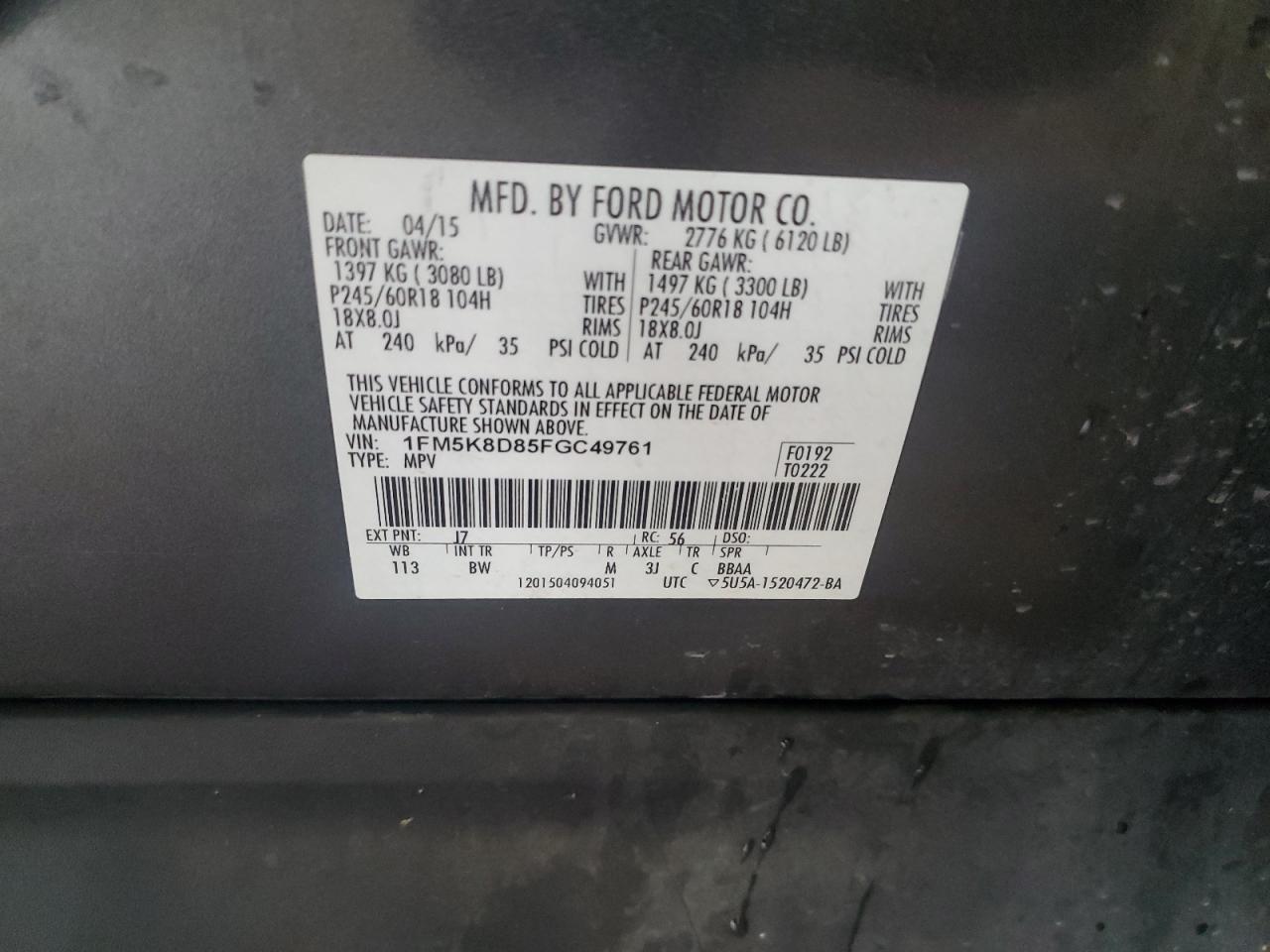 2015 Ford Explorer Xlt VIN: 1FM5K8D85FGC49761 Lot: 83757815