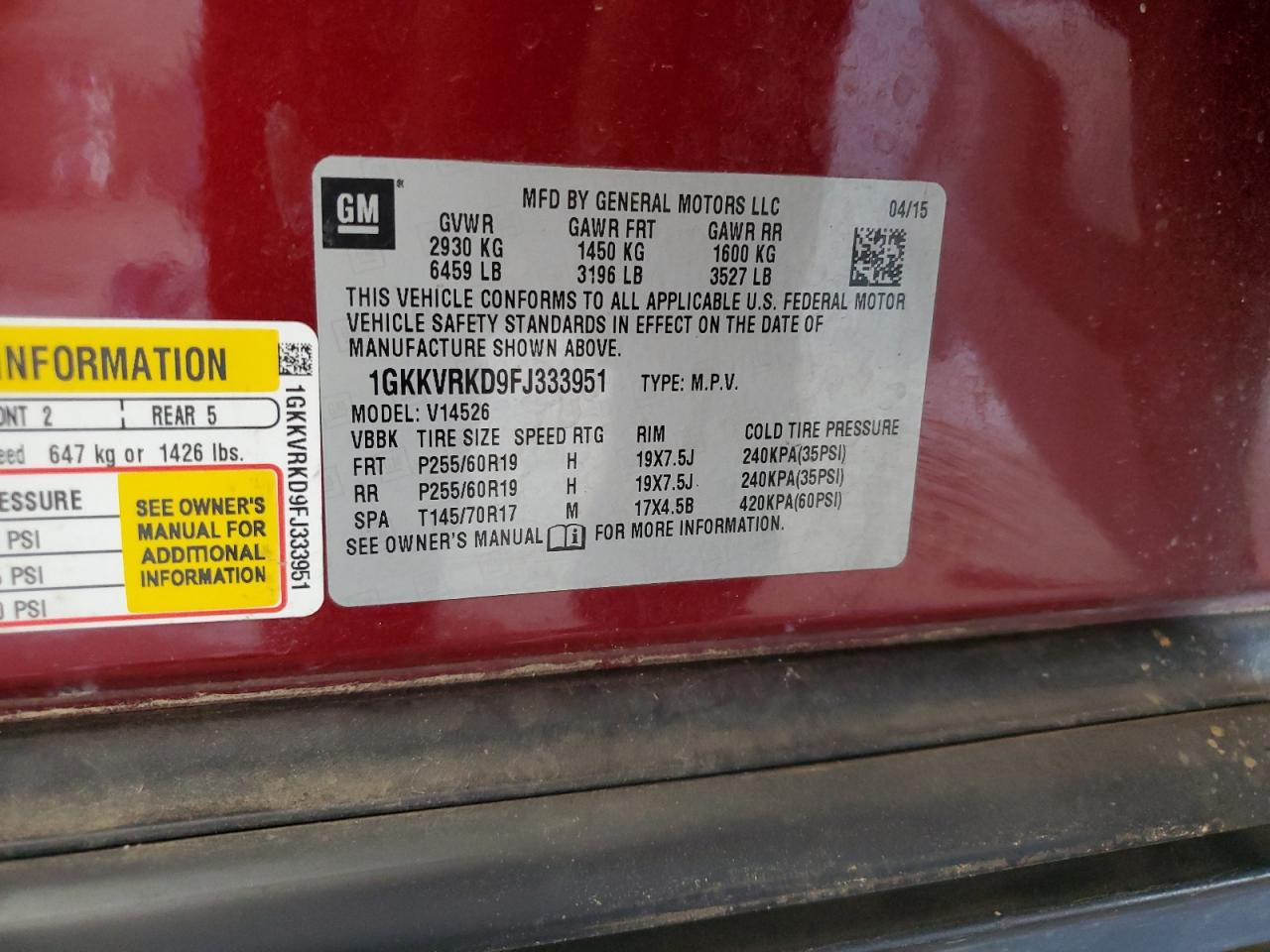 2015 GMC Acadia Slt-1 VIN: 1GKKVRKD9FJ333951 Lot: 81072715