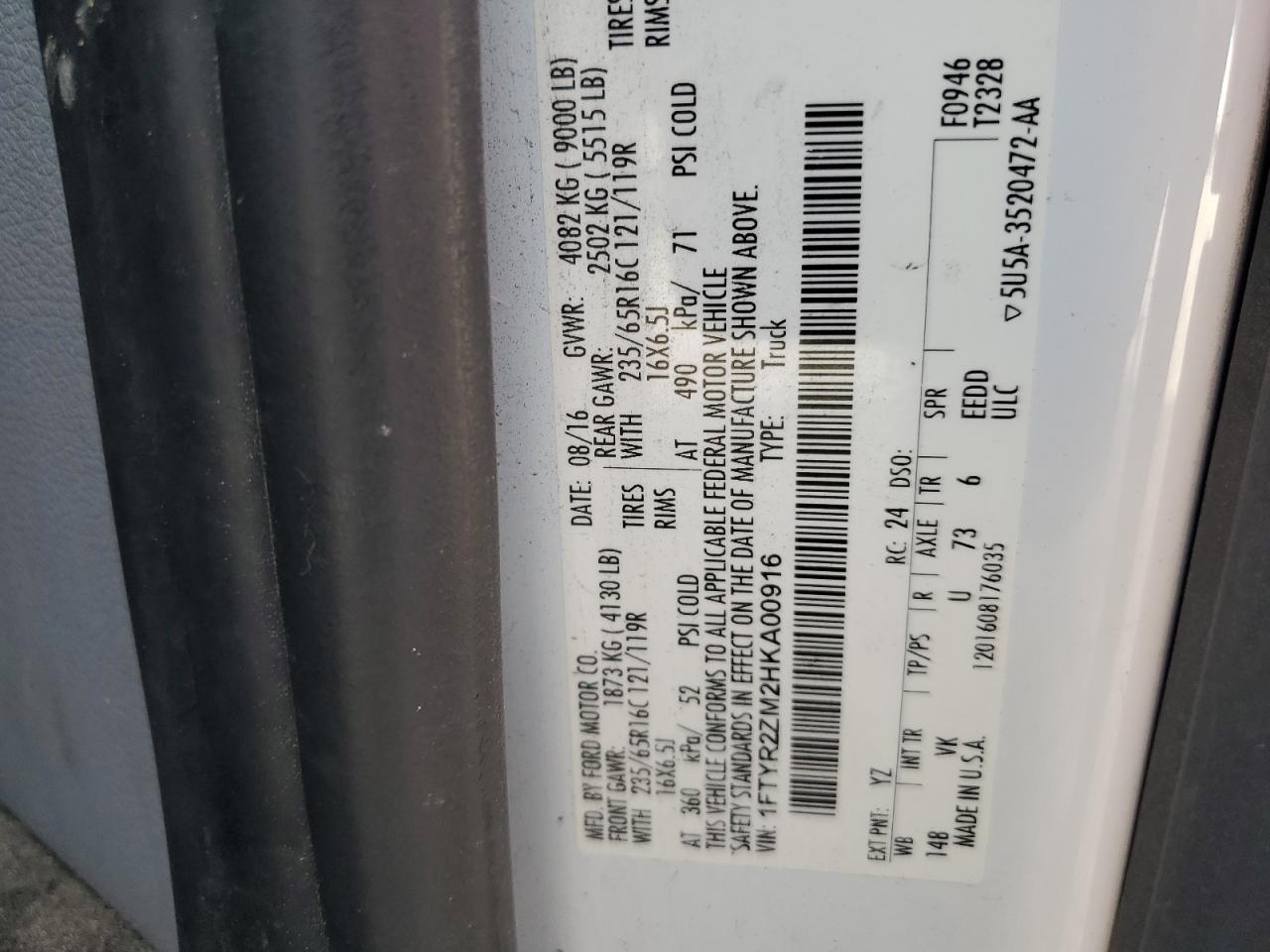 2017 Ford Transit T-250 VIN: 1FTYR2ZM2HKA00916 Lot: 71972635