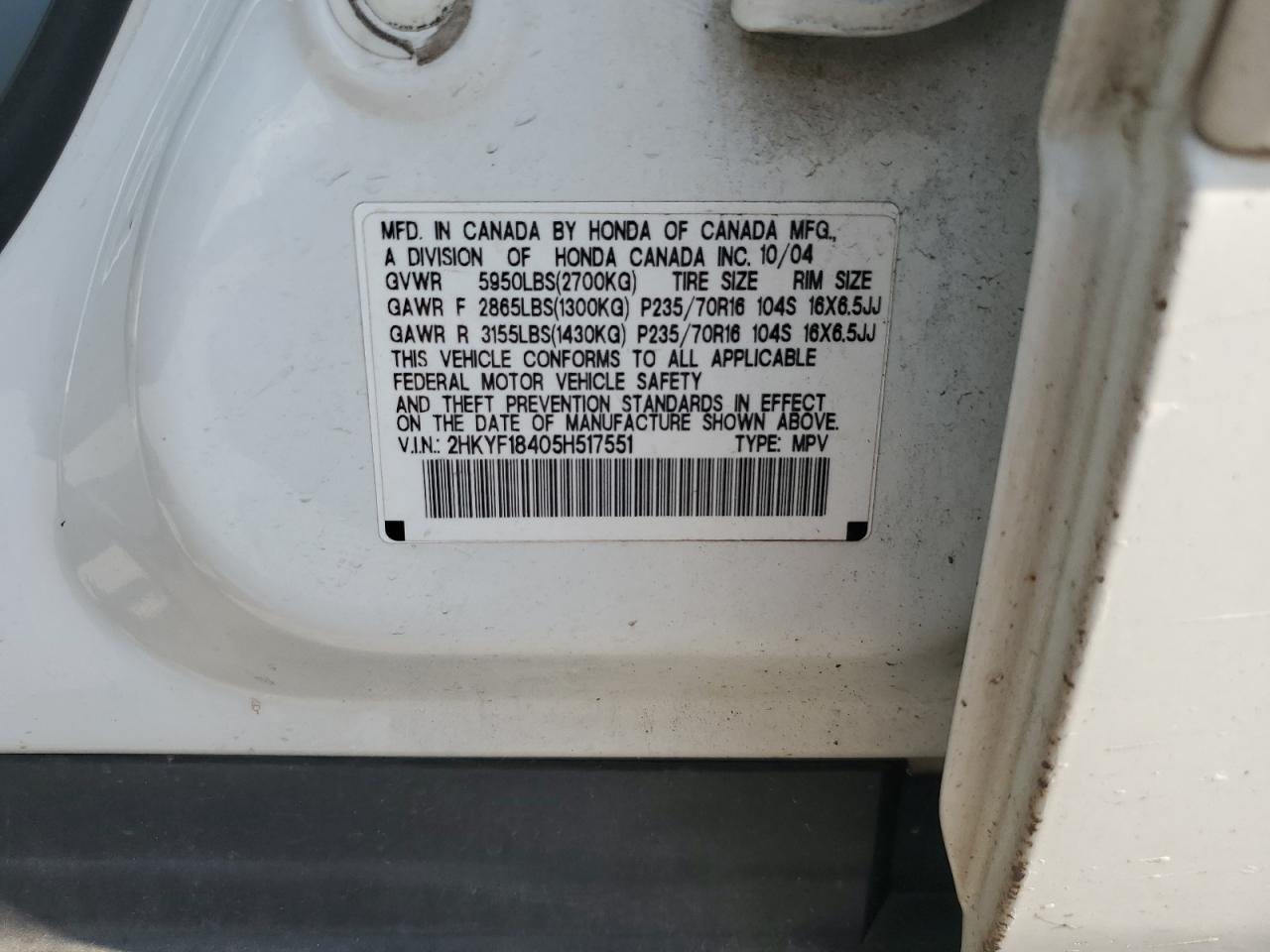 2005 Honda Pilot Ex VIN: 2HKYF18405H517551 Lot: 80851665