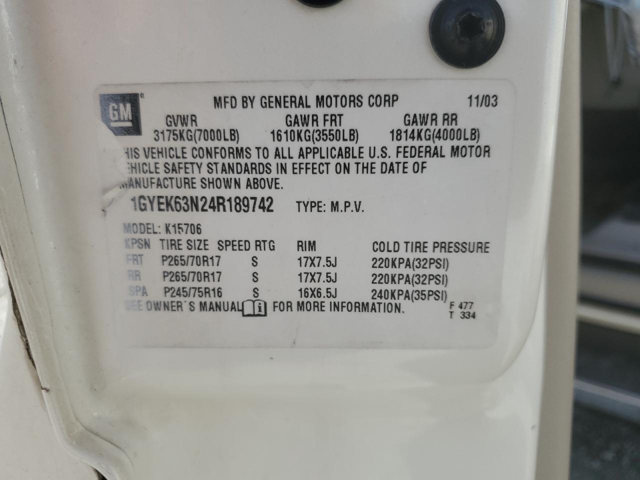 2004 Cadillac Escalade Luxury VIN: 1GYEK63N24R189742 Lot: 80224225