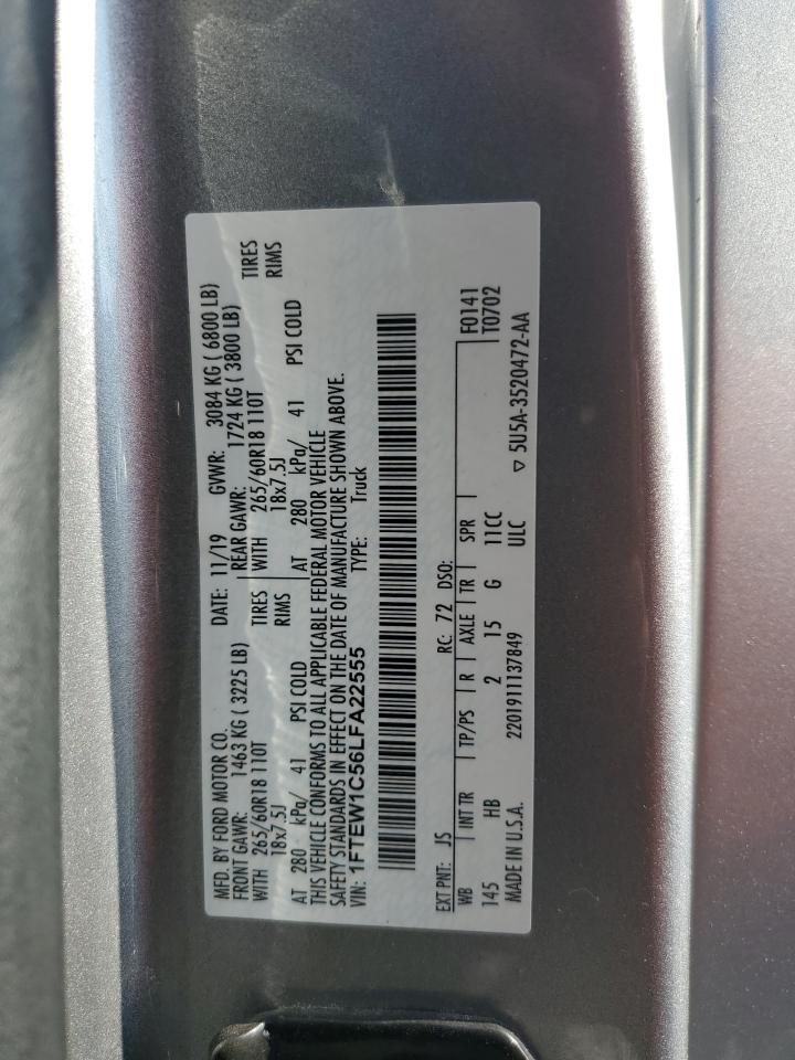 2020 Ford F150 Supercrew VIN: 1FTEW1C56LFA22555 Lot: 84438435