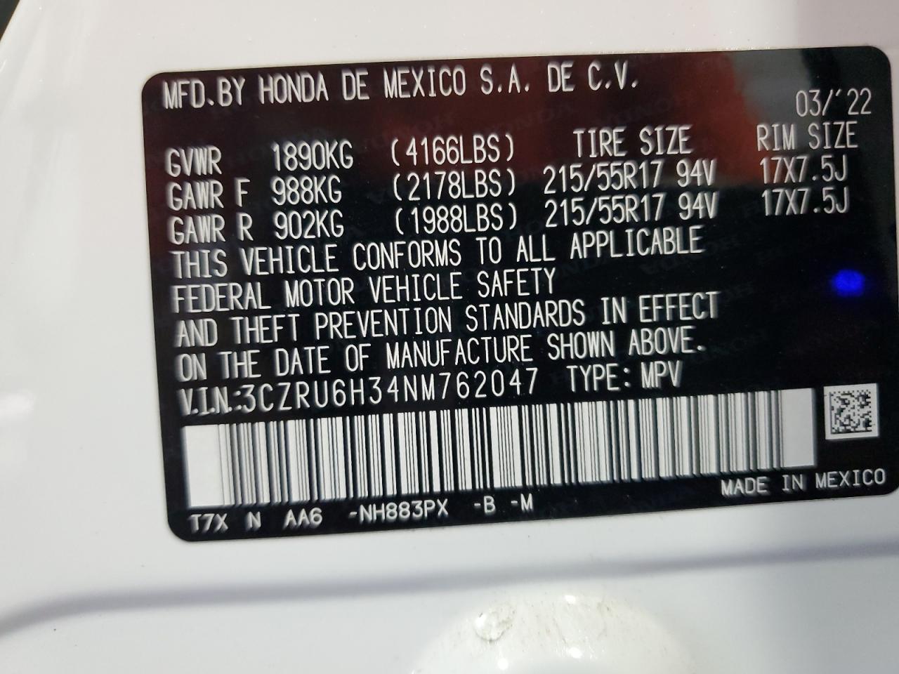 2022 Honda Hr-V Lx VIN: 3CZRU6H34NM762047 Lot: 84642355