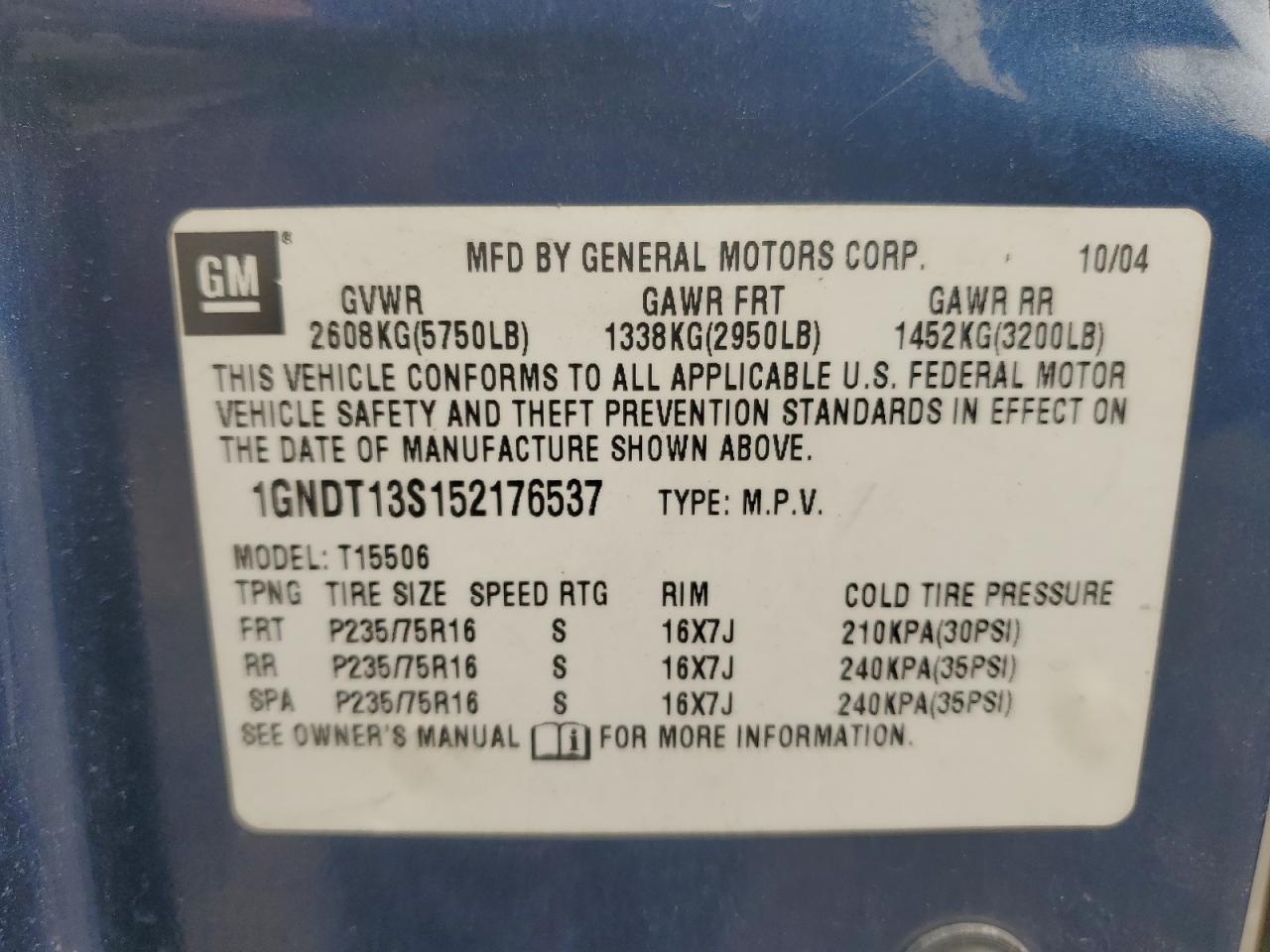 2005 Chevrolet Trailblazer Ls VIN: 1GNDT13S152176537 Lot: 71399075