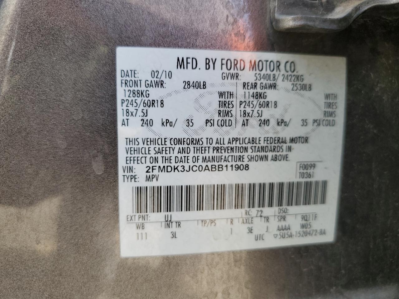 2010 Ford Edge Sel VIN: 2FMDK3JC0ABB11908 Lot: 81644015