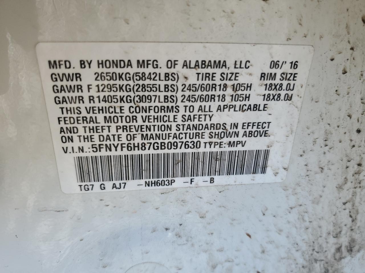 2016 Honda Pilot Exl VIN: 5FNYF6H87GB097630 Lot: 84014405