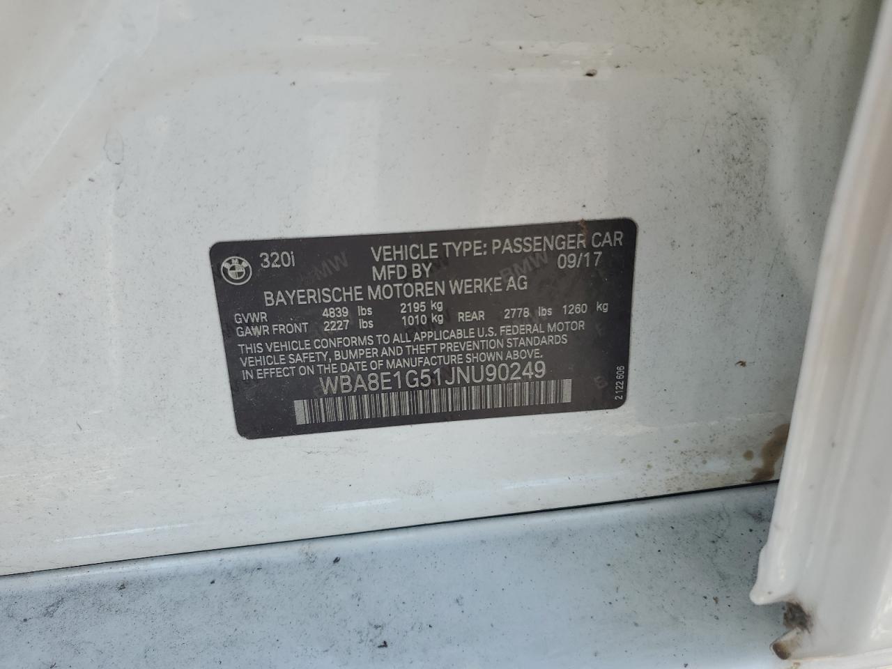 2018 BMW 320 I VIN: WBA8E1G51JNU90249 Lot: 71231385