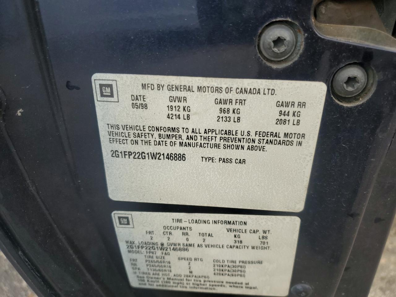 1998 Chevrolet Camaro Z28 VIN: 2G1FP22G1W2146886 Lot: 81337765