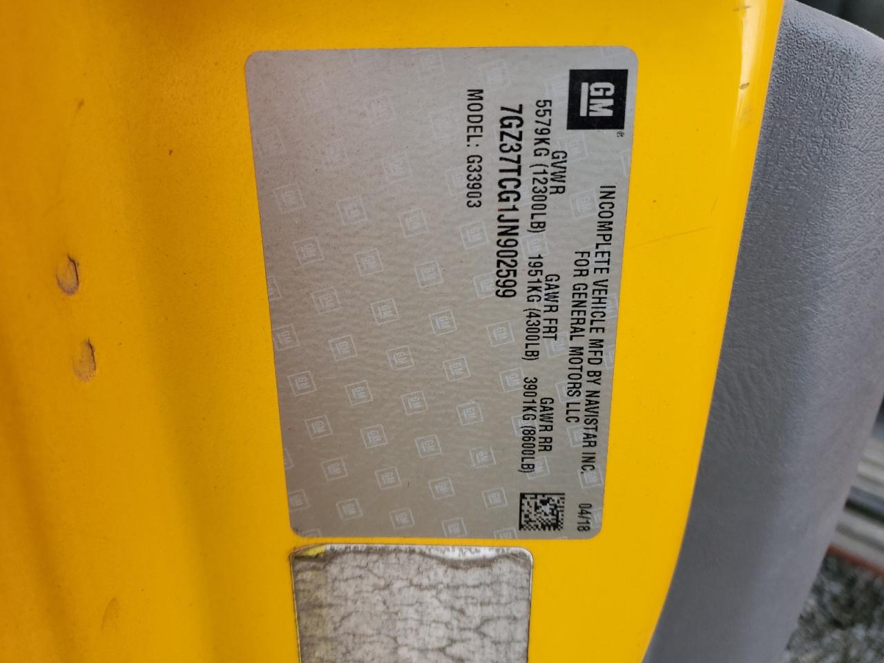 2018 GMC Savana Cut - Box Truck VIN: 7GZ37TCG1JN902599 Lot: 93359655