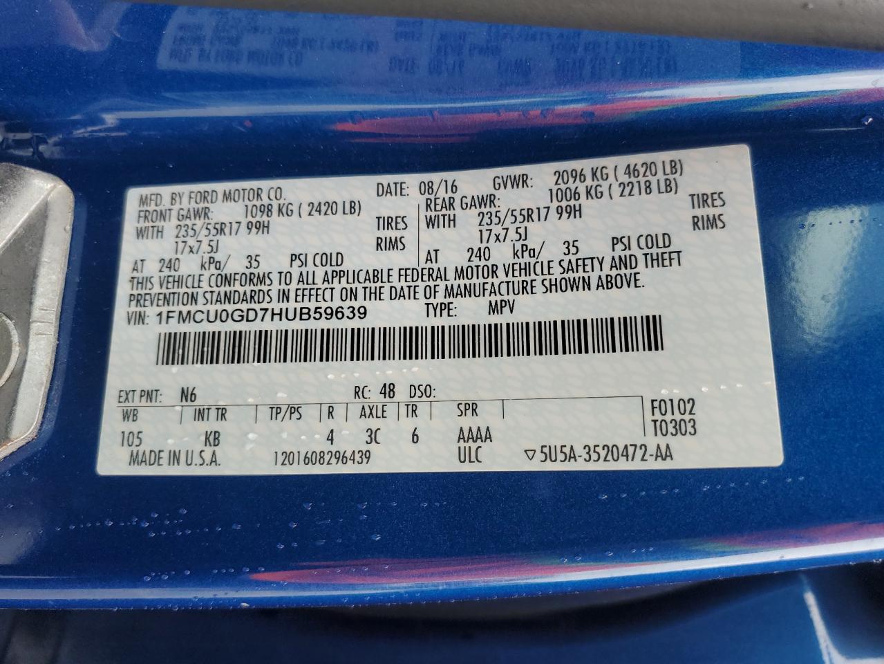 2017 Ford Escape Se VIN: 1FMCU0GD7HUB59639 Lot: 81766735