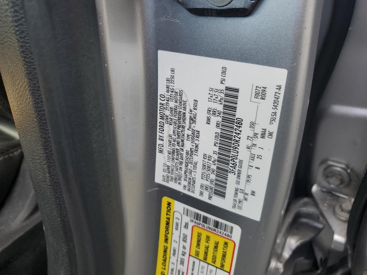 2013 Ford Fusion Se Hybrid VIN: 3FA6P0LU9DR242480 Lot: 81763615