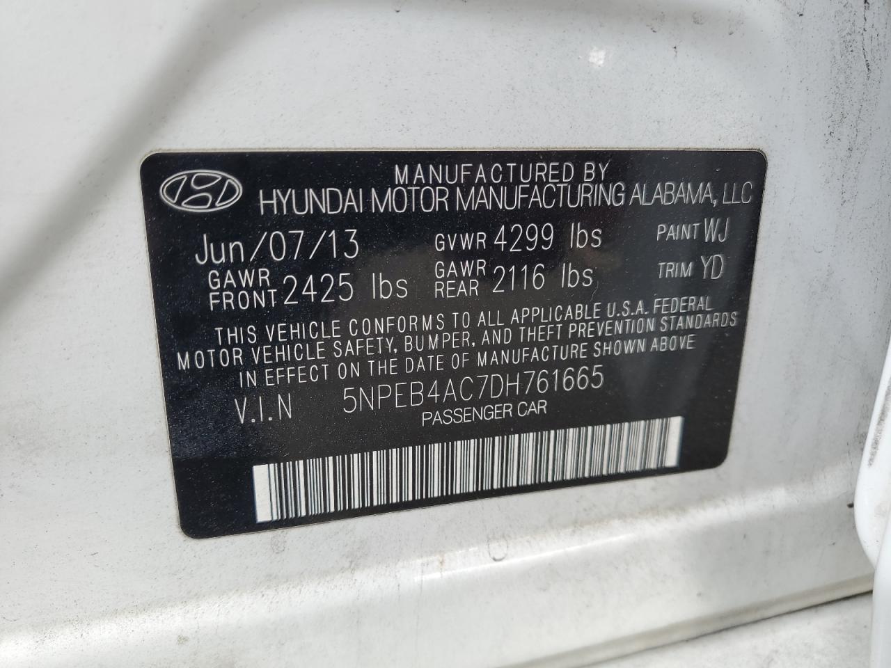 2013 Hyundai Sonata Gls VIN: 5NPEB4AC7DH761665 Lot: 81677465