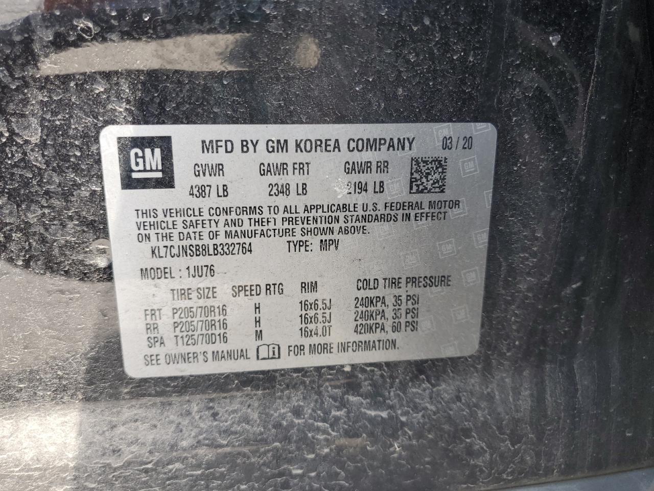 2020 Chevrolet Trax Ls VIN: KL7CJNSB8LB332764 Lot: 71174995