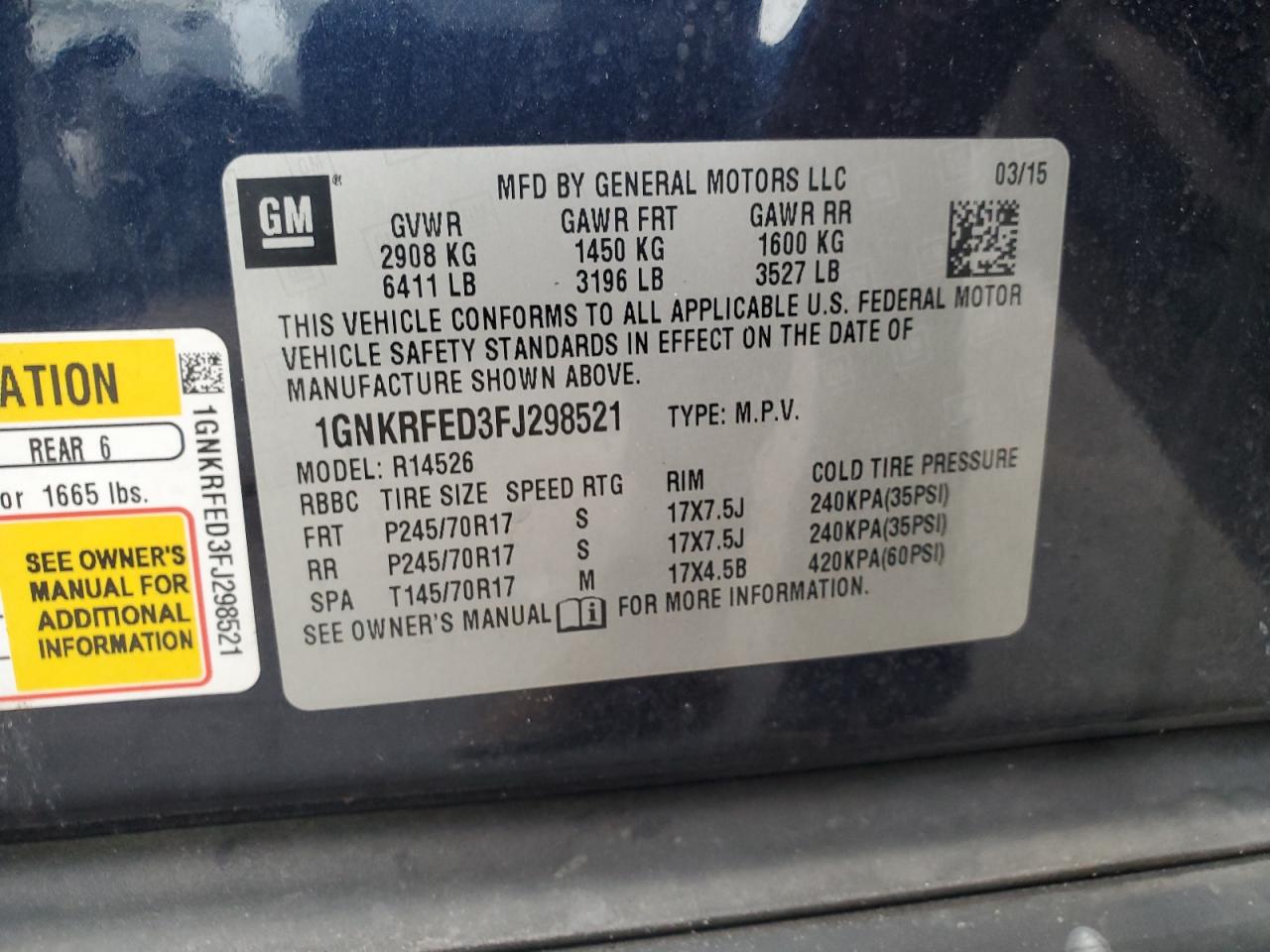 2015 Chevrolet Traverse Ls VIN: 1GNKRFED3FJ298521 Lot: 81666925