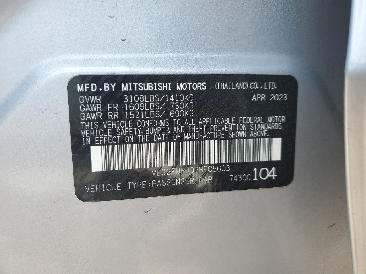 2023 Mitsubishi Mirage G4 Es VIN: ML32FUFJ0PHF05603 Lot: 71780945