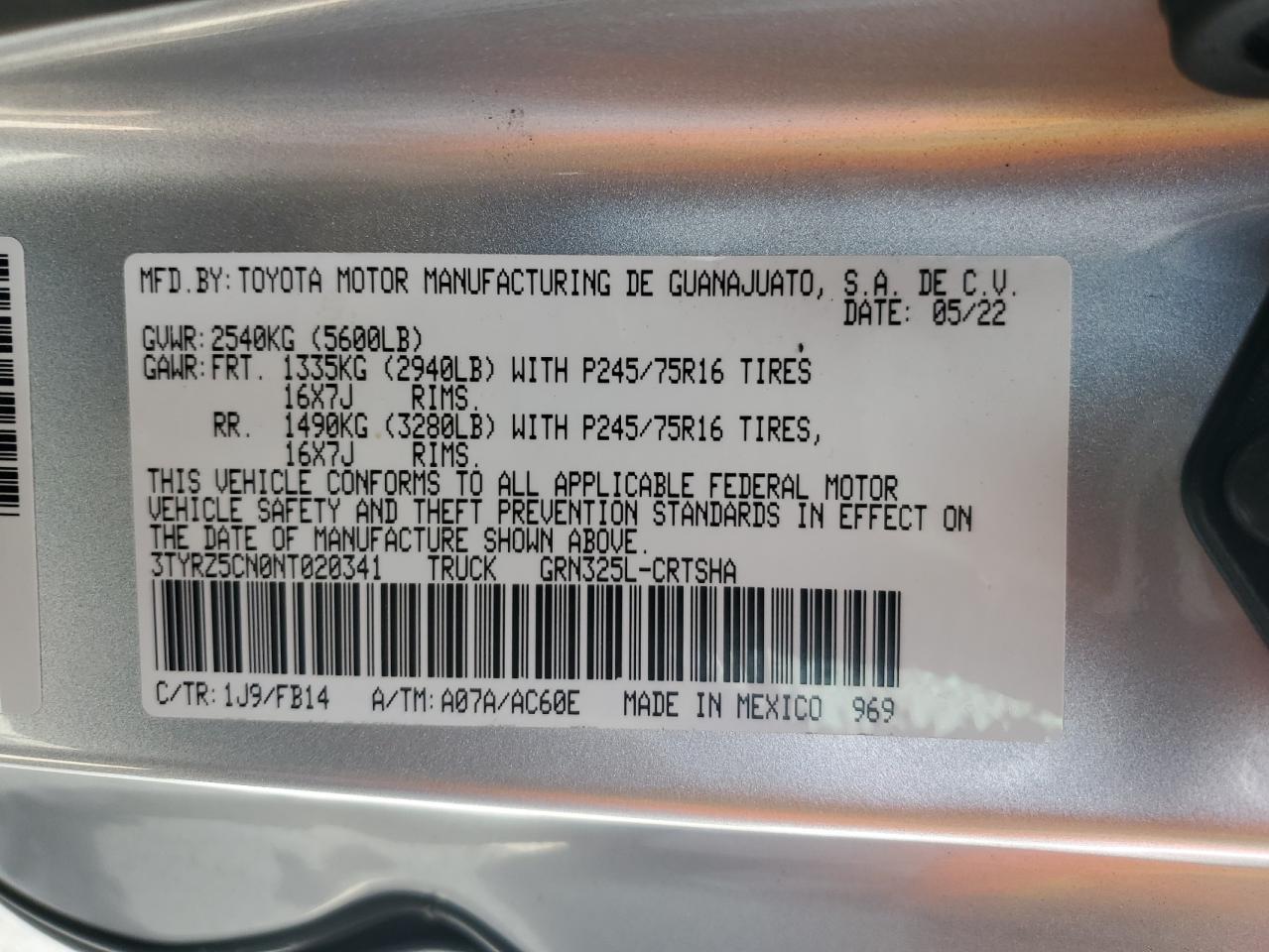 2022 Toyota Tacoma Access Cab VIN: 3TYRZ5CN0NT020341 Lot: 81337325