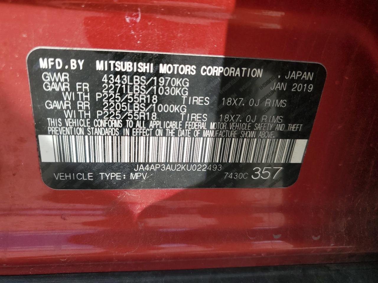 2019 Mitsubishi Outlander Sport Es VIN: JA4AP3AU2KU022493 Lot: 70868585