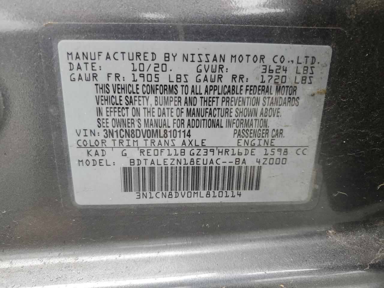 2021 Nissan Versa S VIN: 3N1CN8DV0ML810114 Lot: 84876135