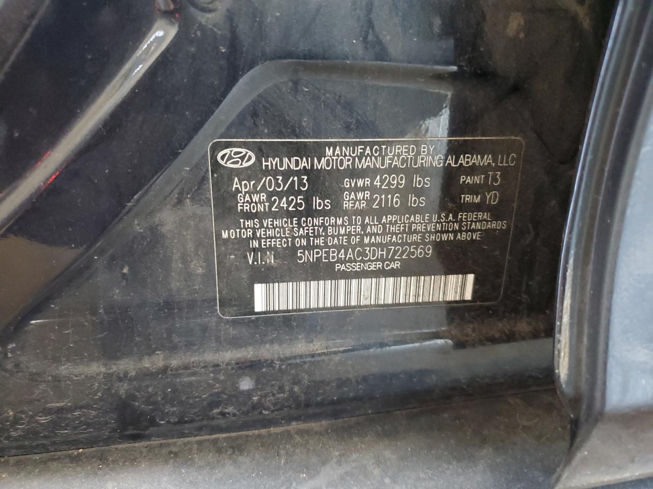 2013 Hyundai Sonata Gls VIN: 5NPEB4AC3DH722569 Lot: 71182365