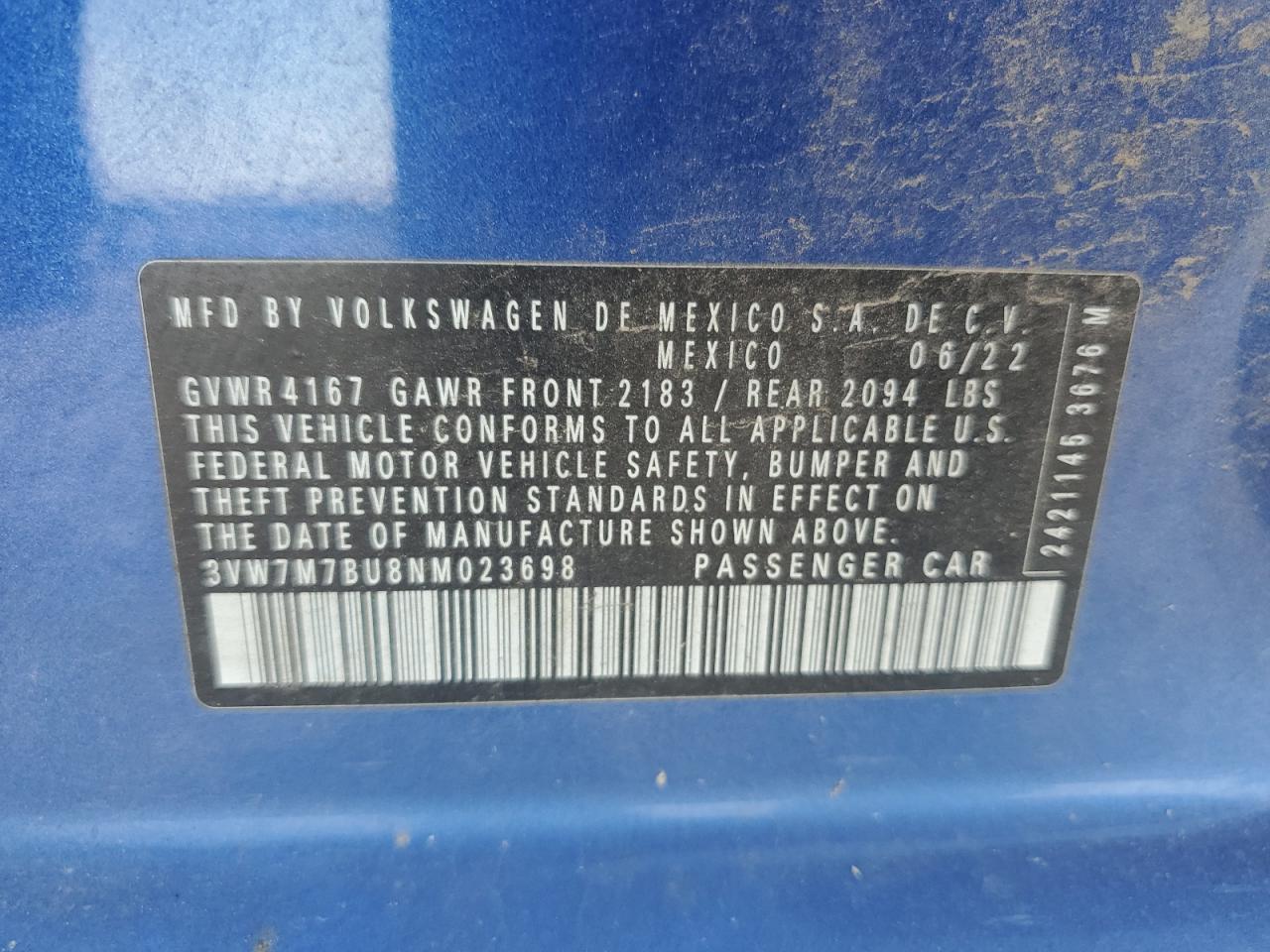 2022 Volkswagen Jetta Se VIN: 3VW7M7BU8NM023698 Lot: 81087145