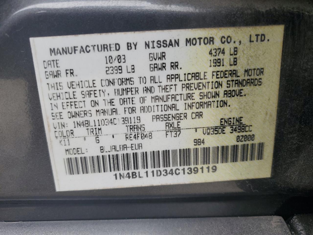 2004 Nissan Altima Se VIN: 1N4BL11D34C139119 Lot: 71992515