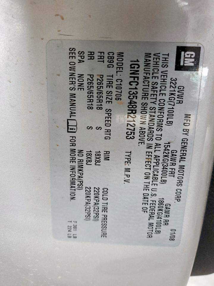 2008 Chevrolet Tahoe C1500 Hybrid VIN: 1GNFC13548R212753 Lot: 71918765