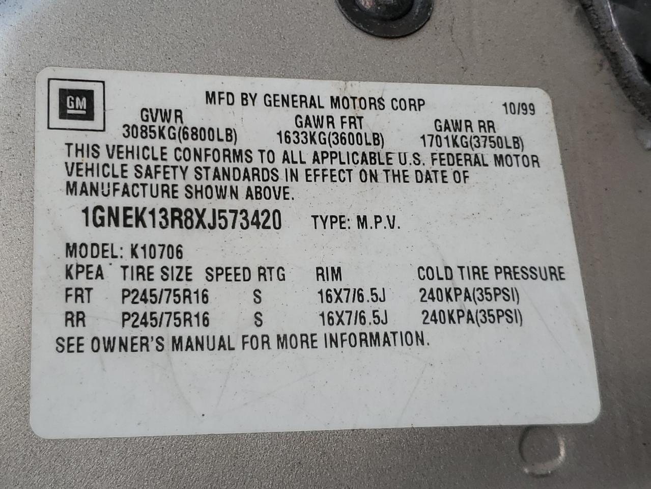 1999 Chevrolet Tahoe K1500 VIN: 1GNEK13R8XJ573420 Lot: 80069155