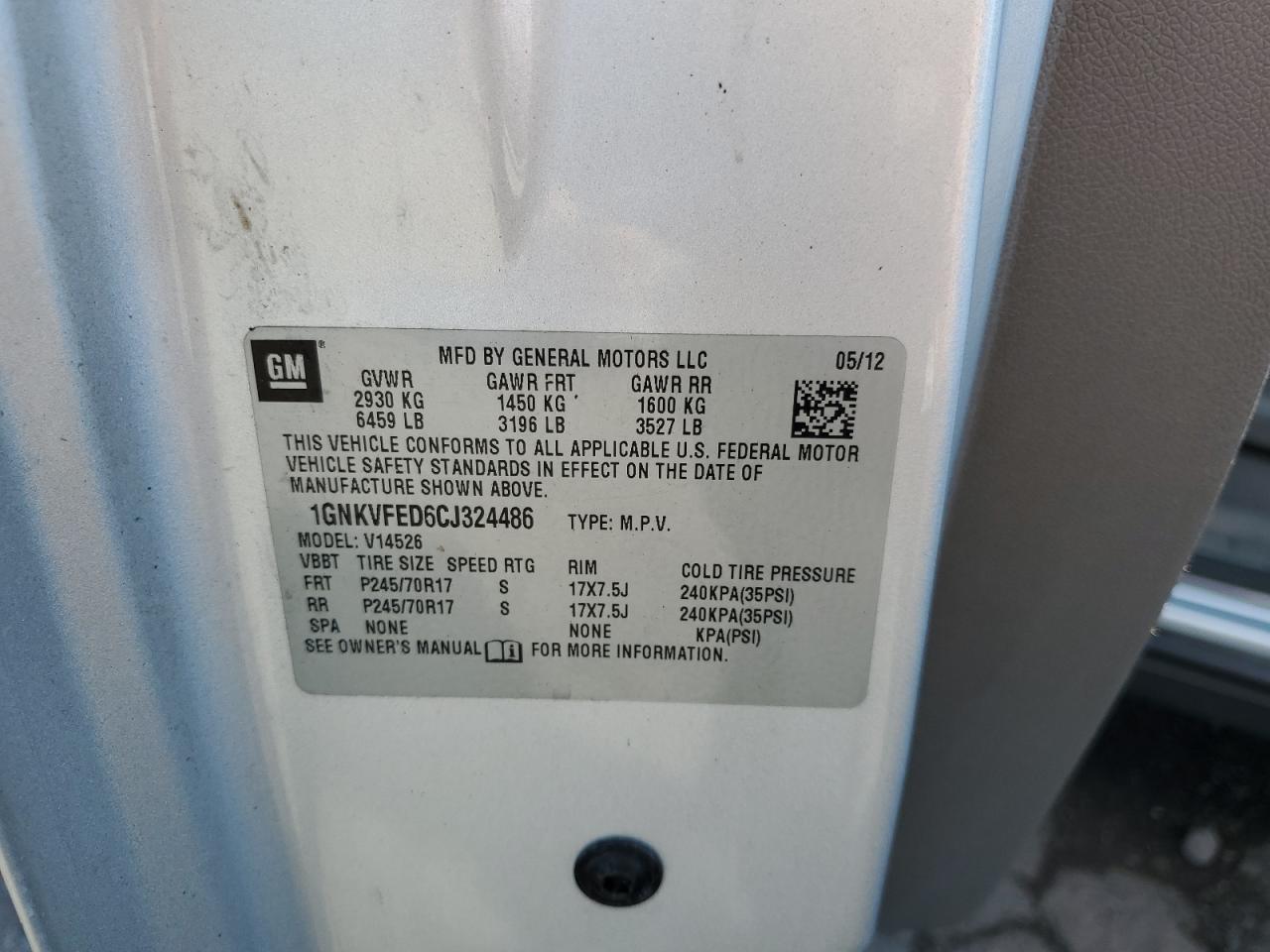 2012 Chevrolet Traverse Ls VIN: 1GNKVFED6CJ324486 Lot: 84168675